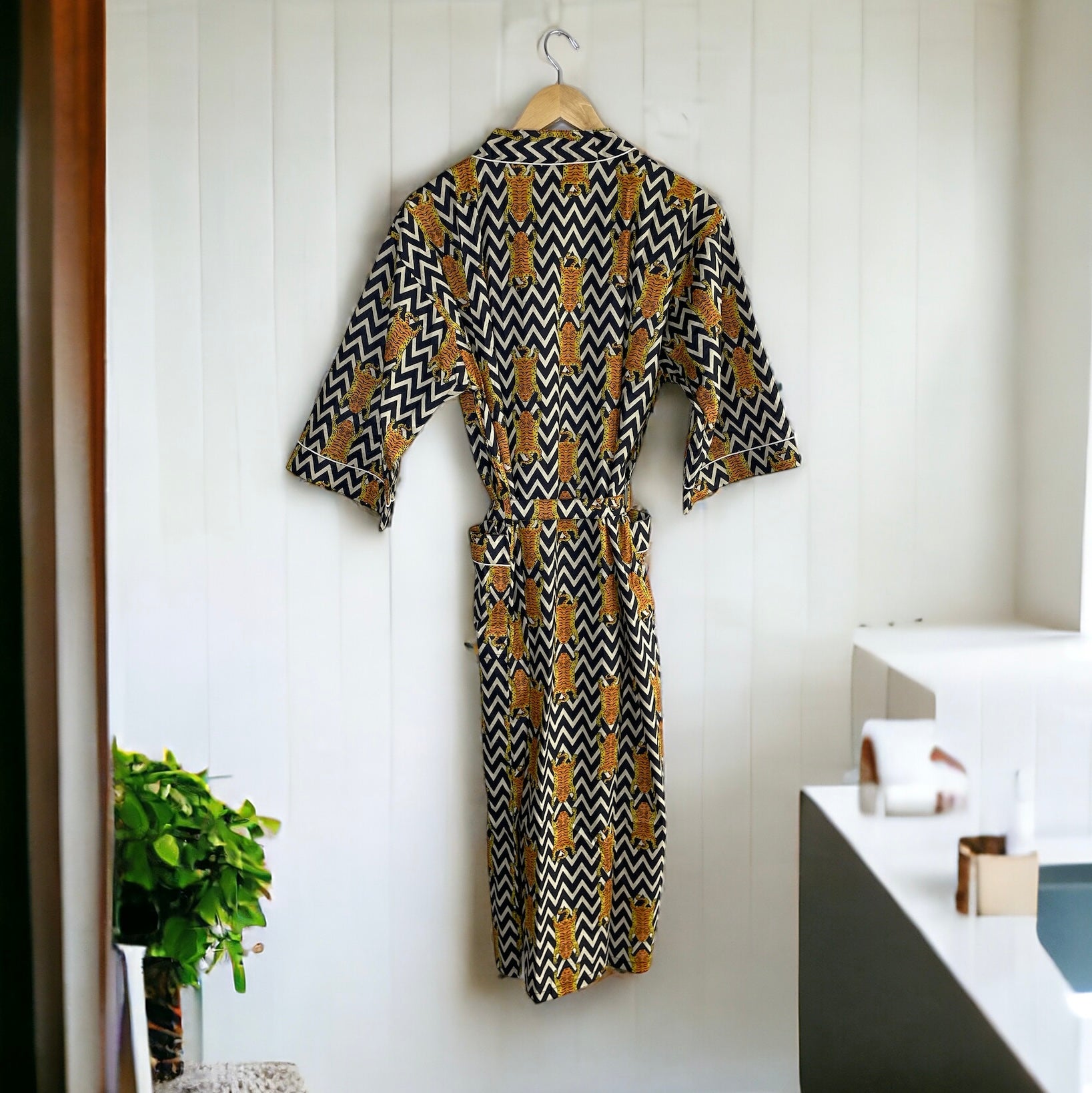 Women's 100% Cotton Indian Block Printed Kimono Robe- Chevron Tiger - Gray Bird Label