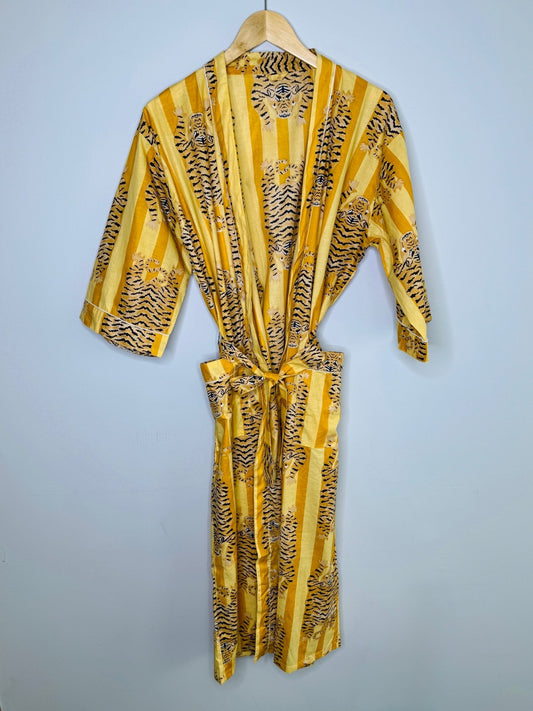 Women's 100% Cotton Indian Block Printed Kimono Robe- Golden Yellow - Gray Bird Label