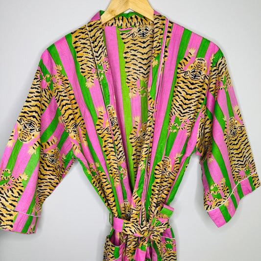 Women's 100% Cotton Indian Block Printed Kimono Robe- Green & Pink - Gray Bird Label