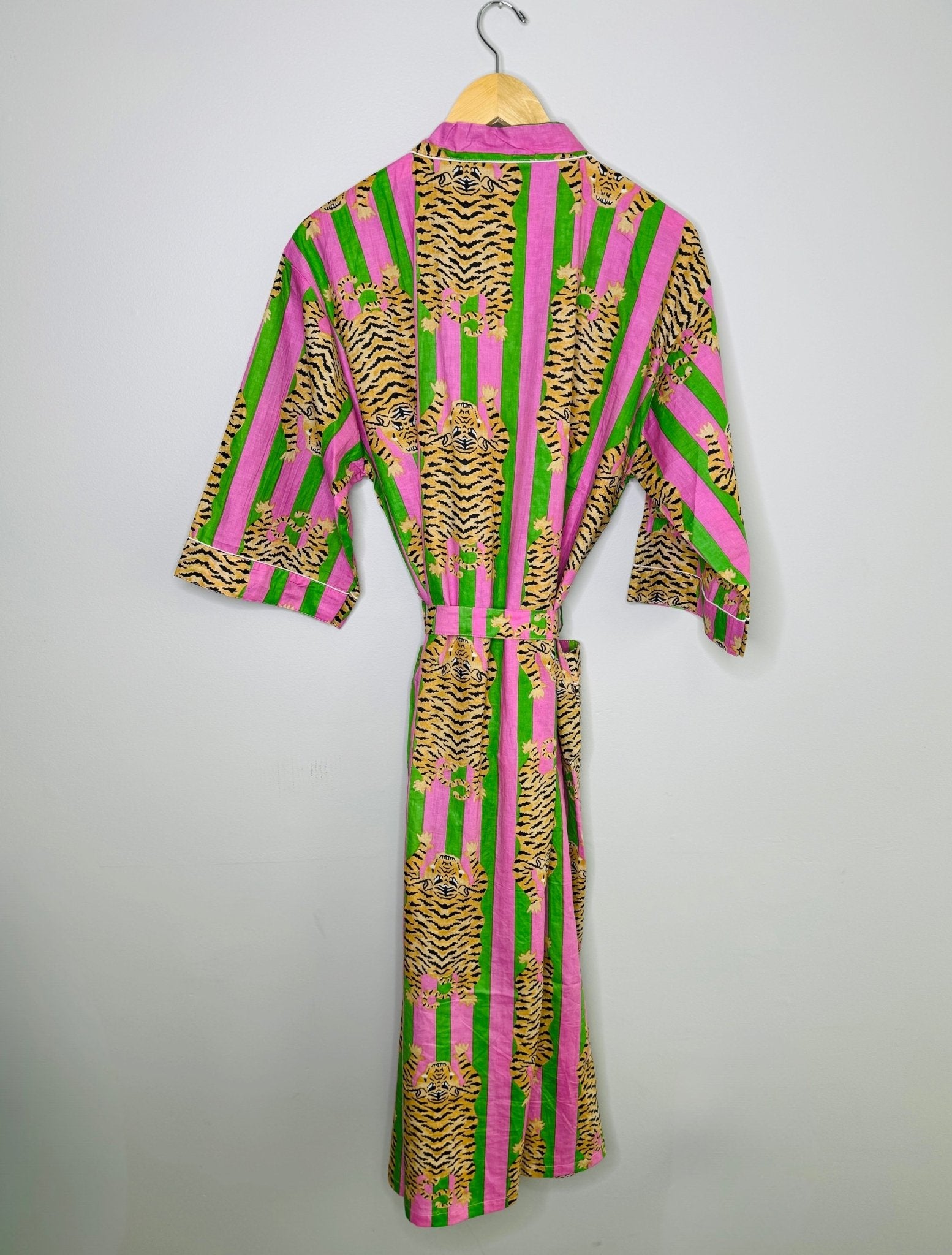 Women's 100% Cotton Indian Block Printed Kimono Robe- Green & Pink - Gray Bird Label