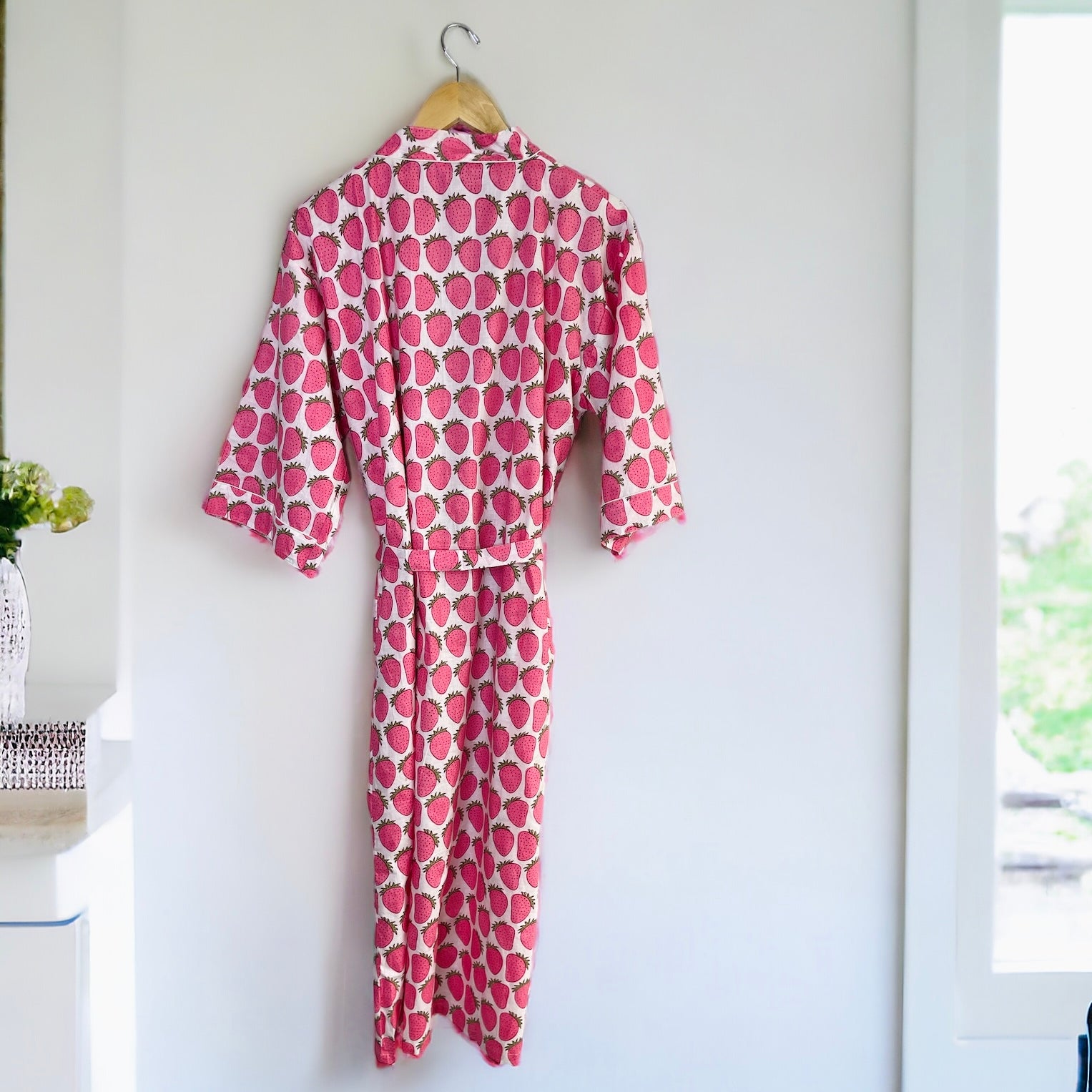 Women's 100% Cotton Indian Block Printed Kimono Robe- Strawberry - Gray Bird Label