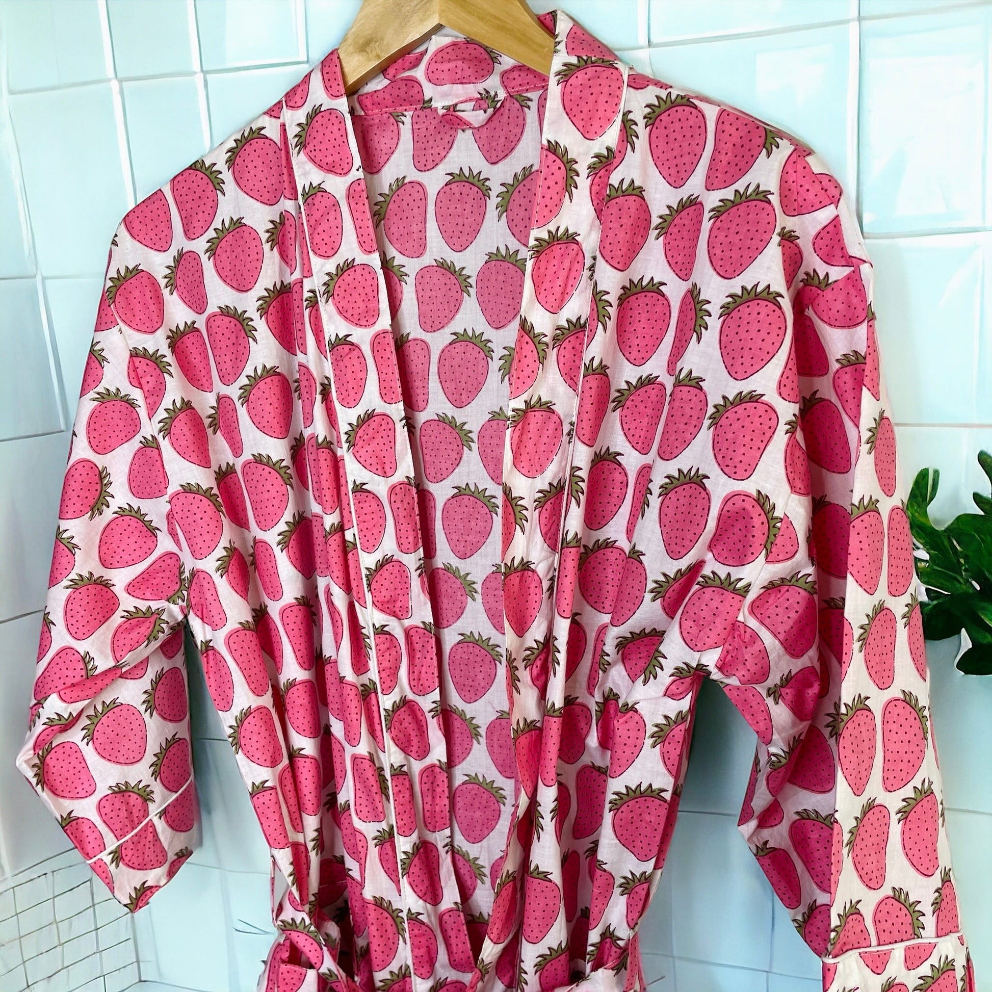 Women's 100% Cotton Indian Block Printed Kimono Robe- Strawberry - Gray Bird Label
