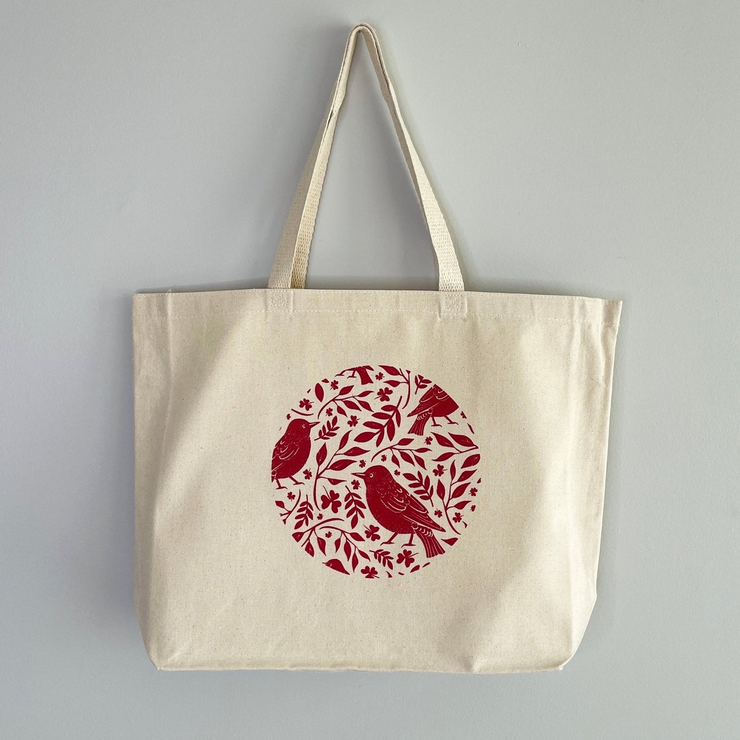 Bird & Fern Canvas Tote Bag- Burgundy - Gray Bird Label