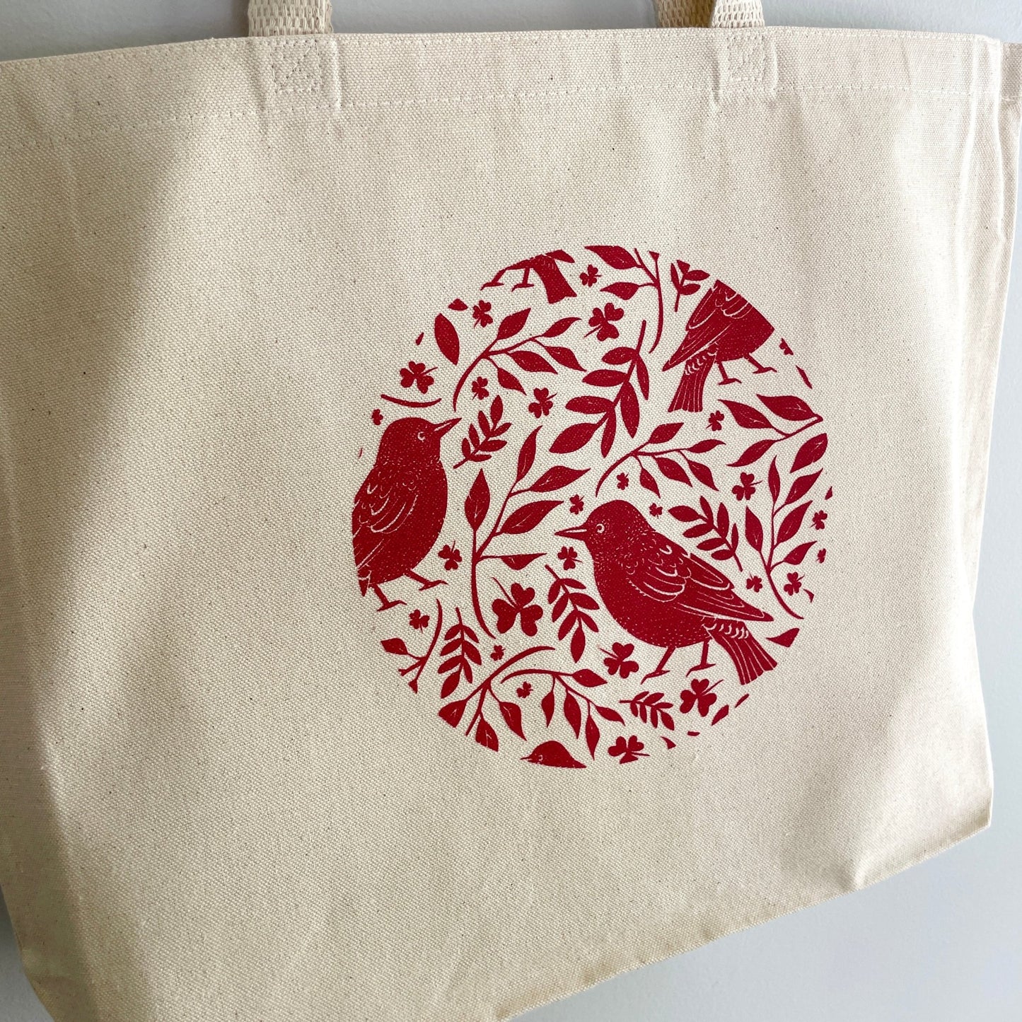 Bird & Fern Canvas Tote Bag- Burgundy - Gray Bird Label