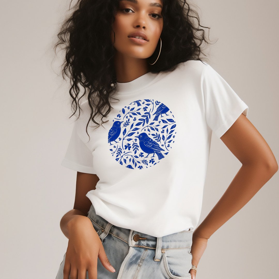 Bird & Fern Grandmillennial Style Tee - Gray Bird