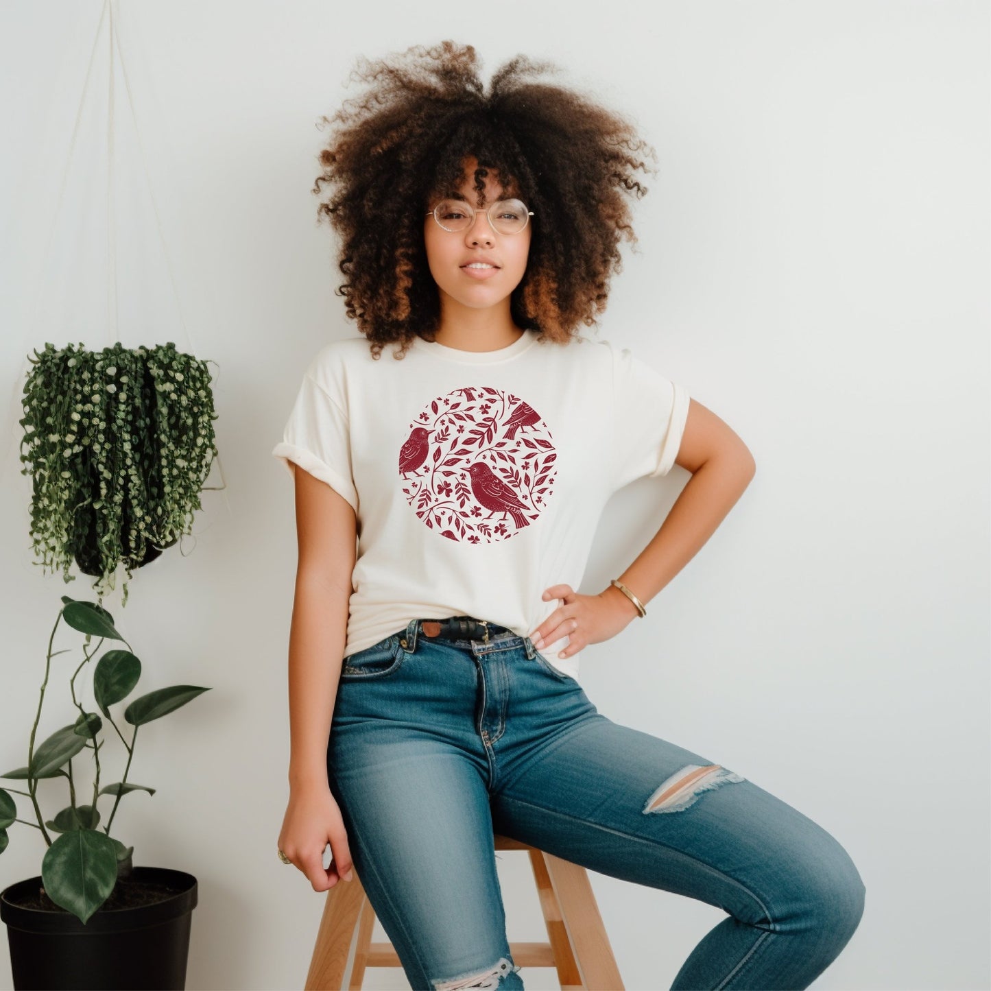 Bird & Fern Grandmillennial Style Tee- Burgundy - Gray Bird Label