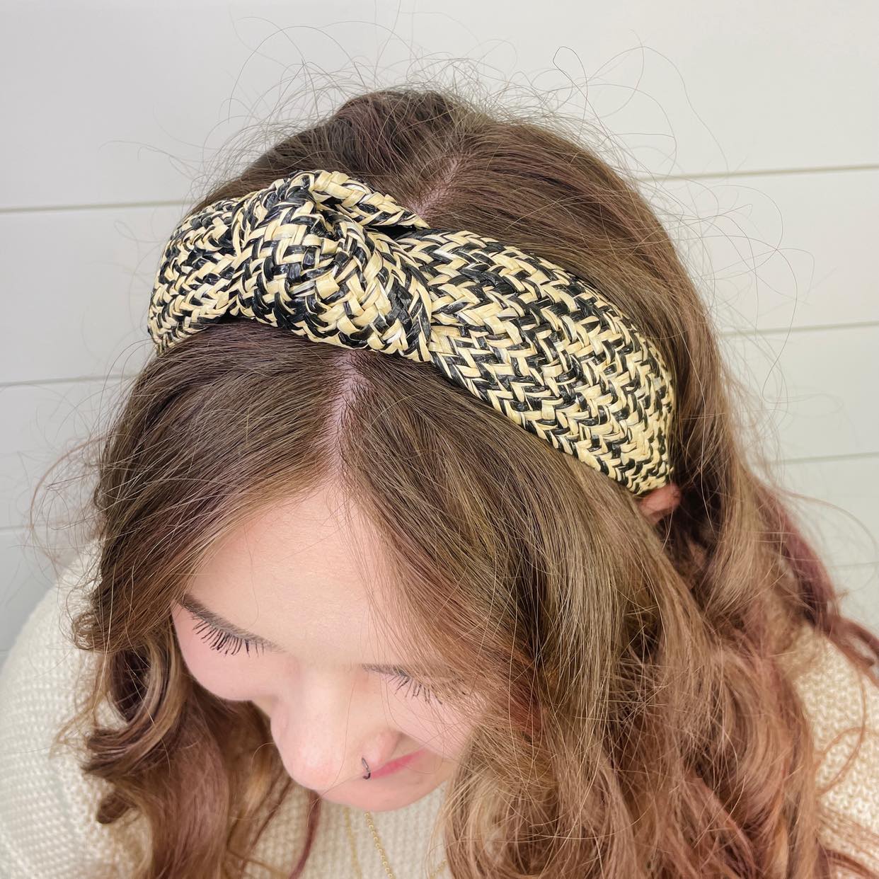 Black & Natural Rattan Woven Knot Headband - Gray Bird