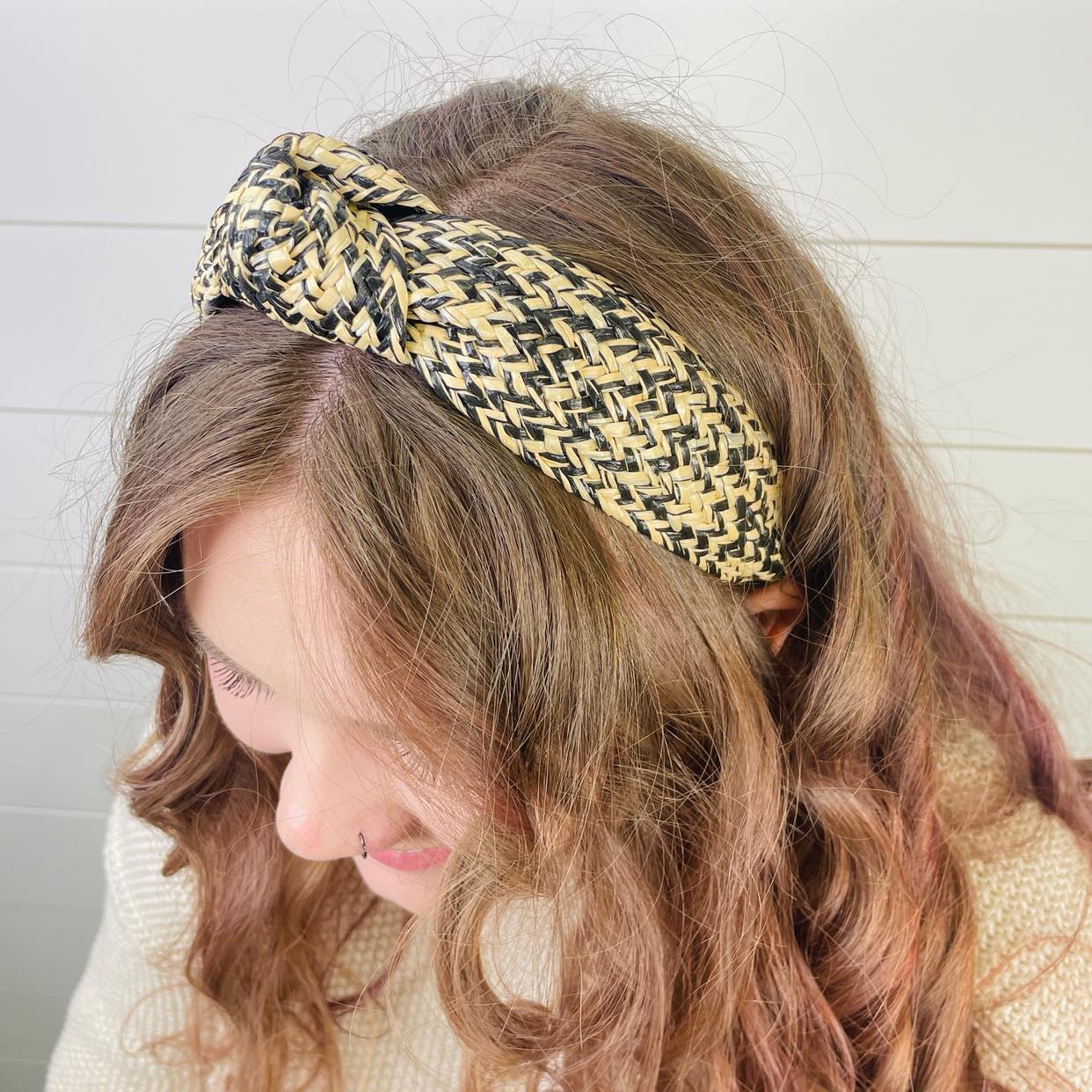 Black & Natural Rattan Woven Knot Headband - Gray Bird