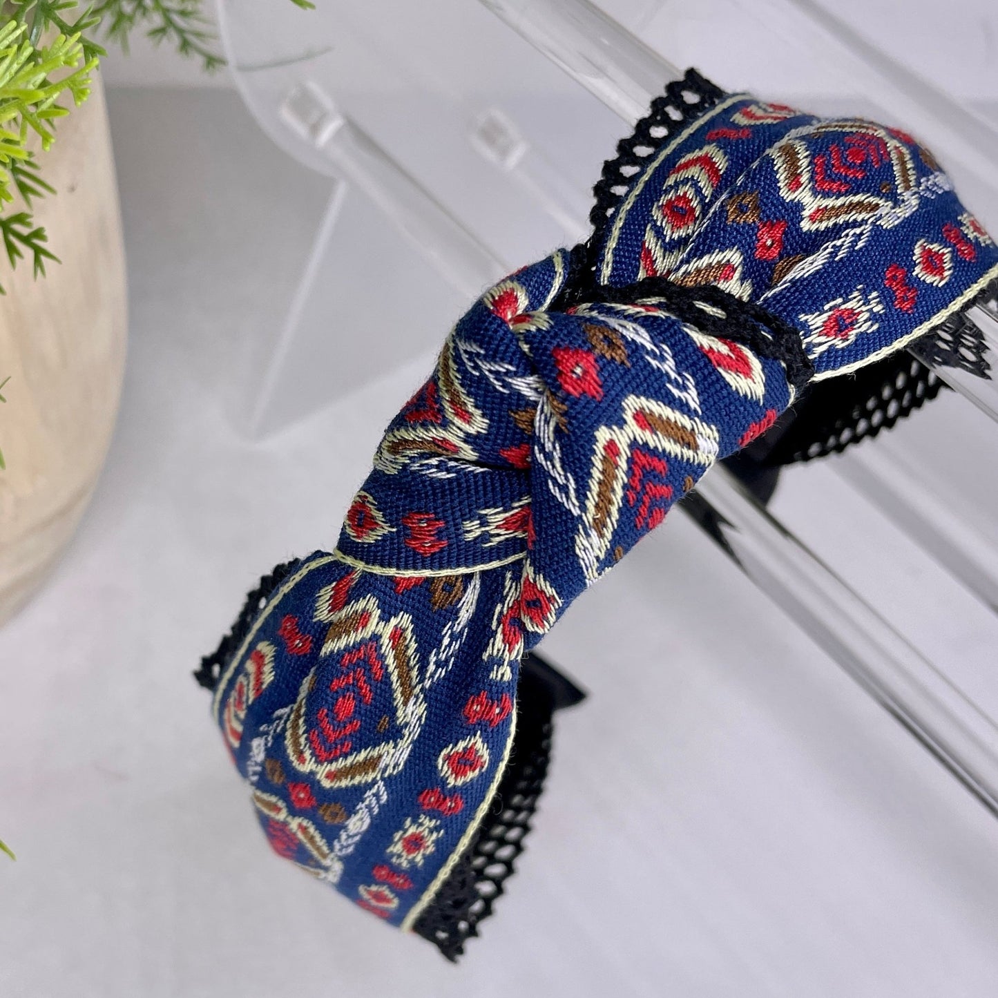 Blue Aztec Lace Boho Knot Headband - Gray Bird Label