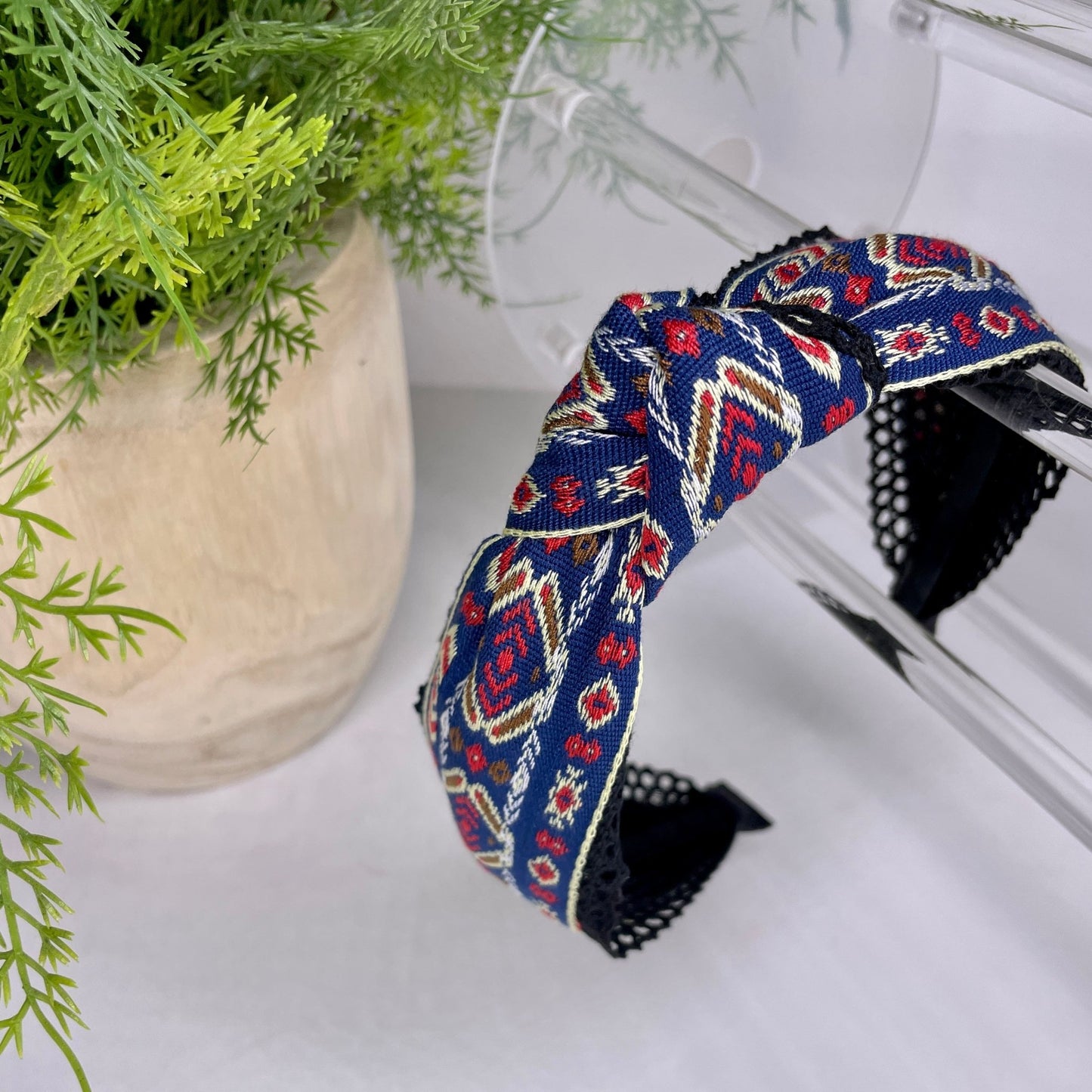 Blue Aztec Lace Boho Knot Headband - Gray Bird Label