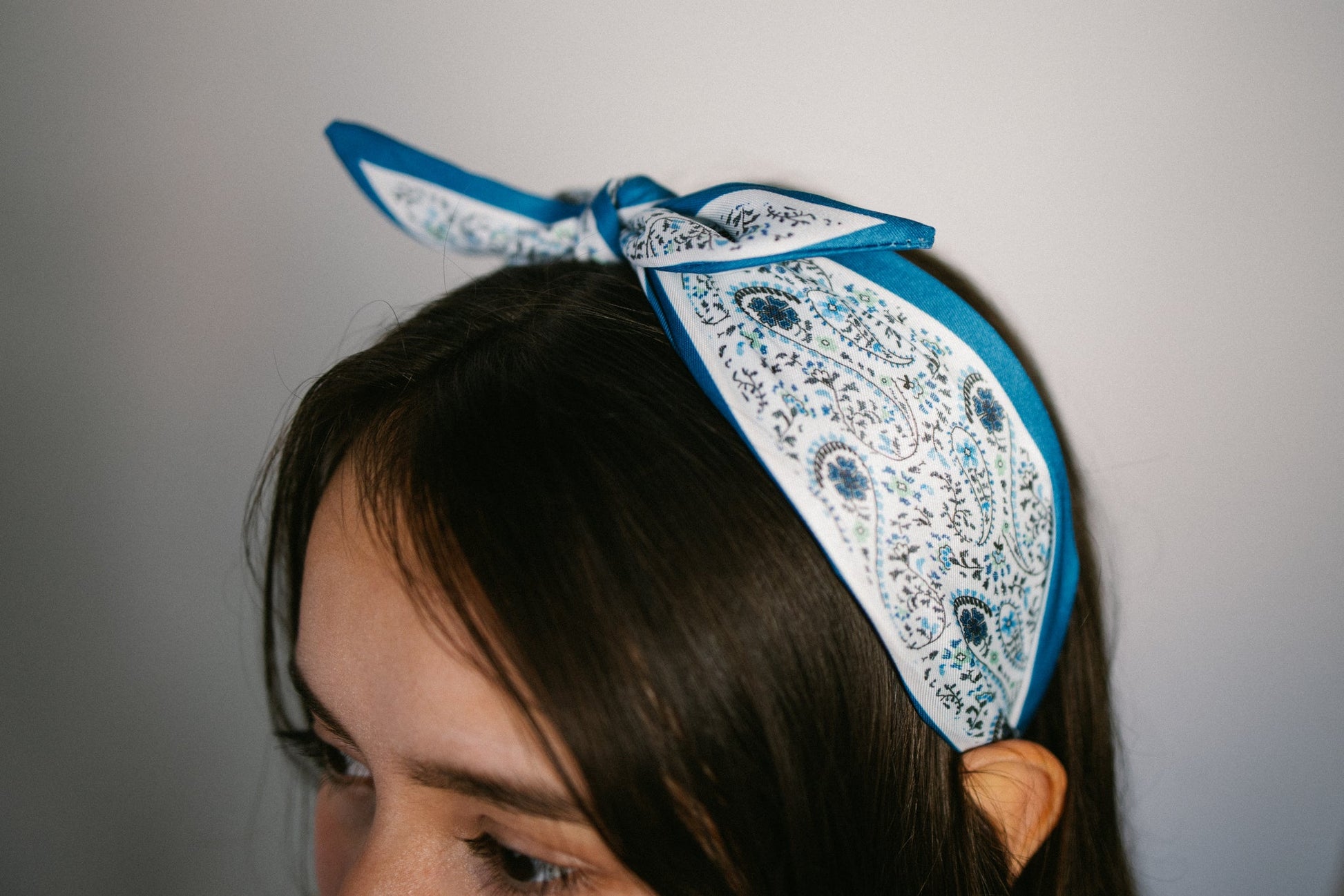 Bright Blue Paisley Boho Satin Scarf Bow Knot Headband - Gray Bird Label