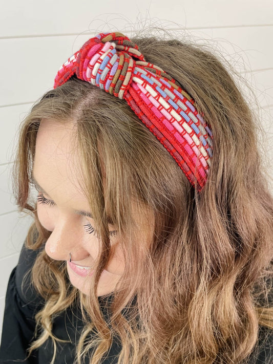Colorful Red Woven Knot Headband - Gray Bird