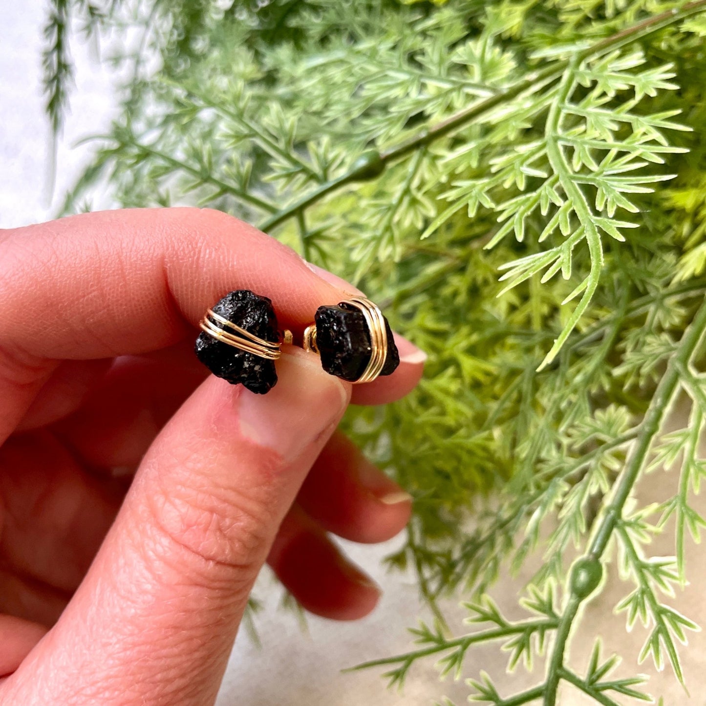 Dainty Raw Stud Earrings- Black Tourmaline - Gray Bird Label