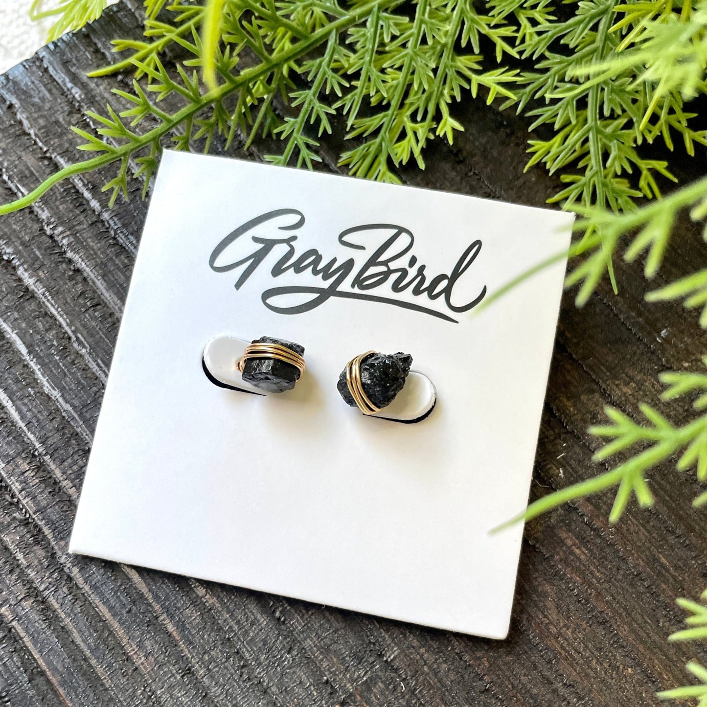 Dainty Raw Stud Earrings- Black Tourmaline - Gray Bird Label