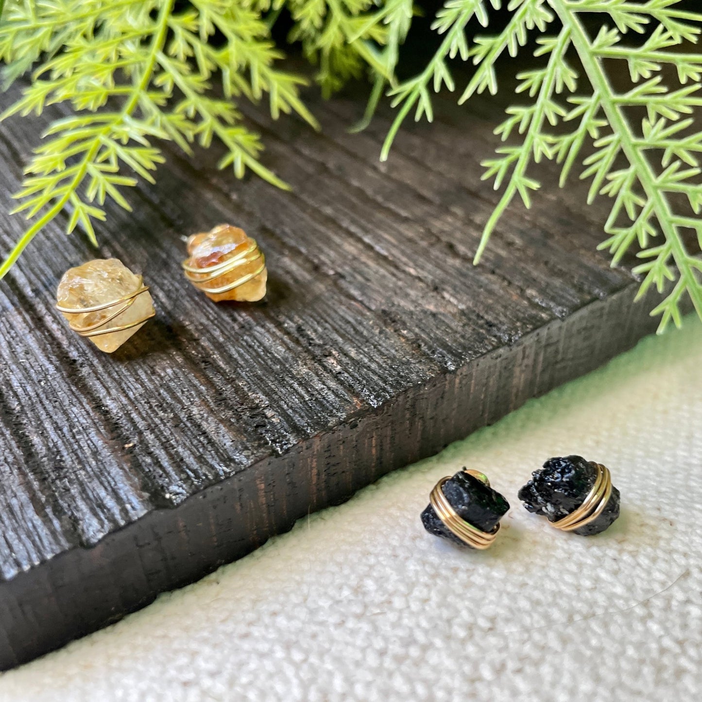 Dainty Raw Stud Earrings- Black Tourmaline - Gray Bird Label