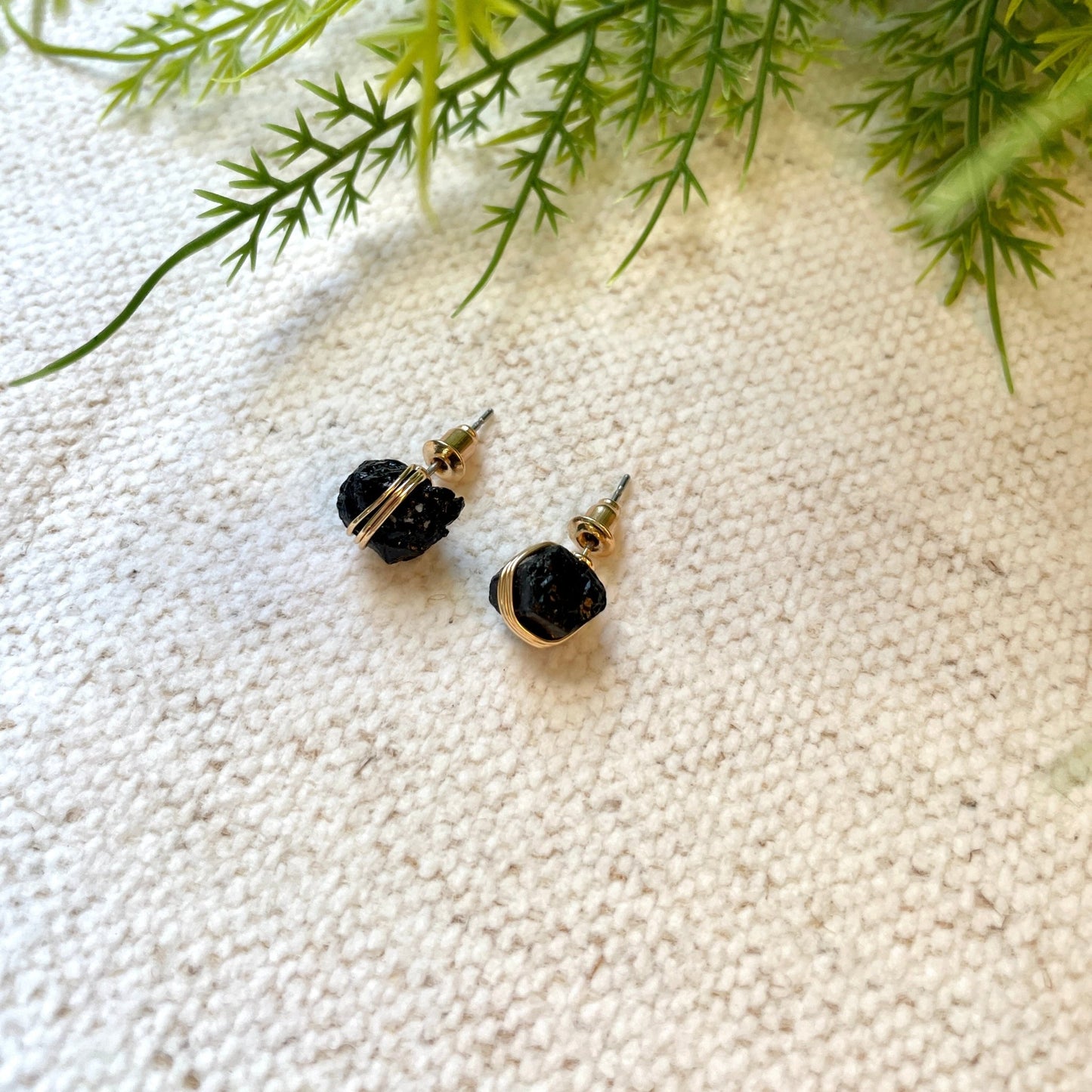 Dainty Raw Stud Earrings- Black Tourmaline - Gray Bird Label