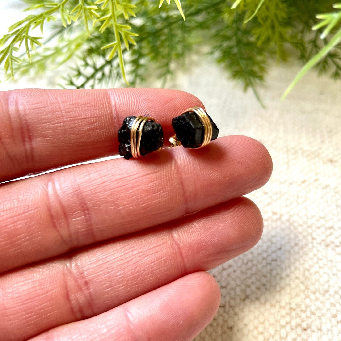 Dainty Raw Stud Earrings- Black Tourmaline - Gray Bird Label