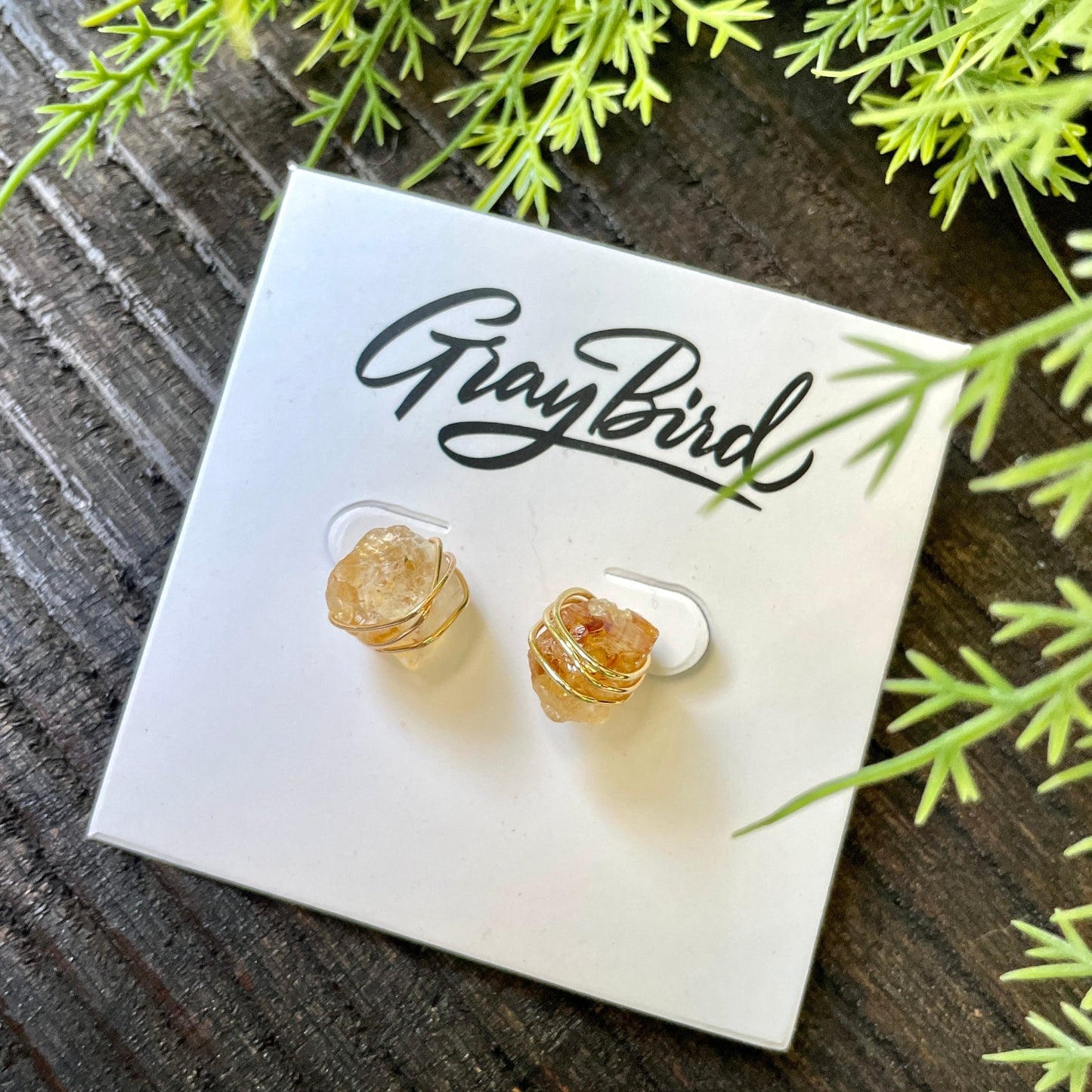 Dainty Raw Stud Earrings- Citrine - Gray Bird Label
