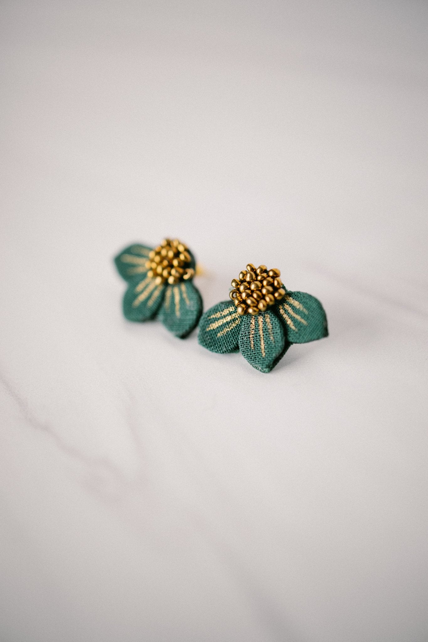 Hand-Painted, Hand-Beaded Fabric Floral Stud Earrings- Green - Gray Bird Label