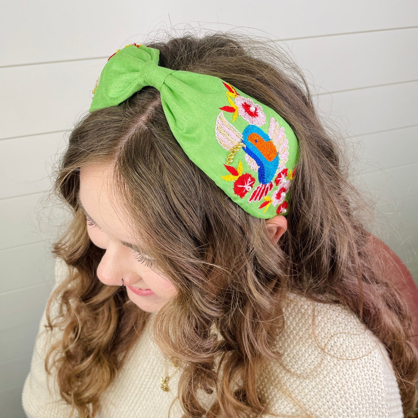 Hannah Green Hummingbird Hand Embroidered Luxury Headband - Gray Bird