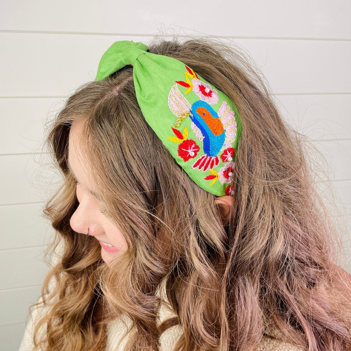 Hannah Green Hummingbird Hand Embroidered Luxury Headband - Gray Bird