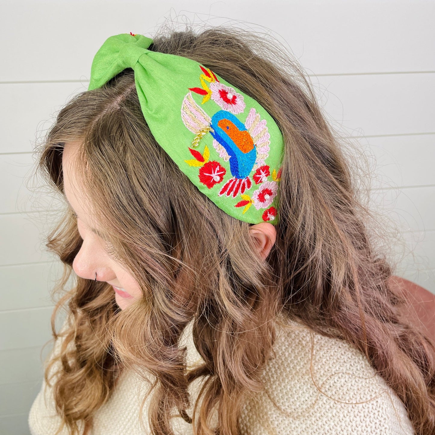 Hannah Green Hummingbird Hand Embroidered Luxury Headband - Gray Bird