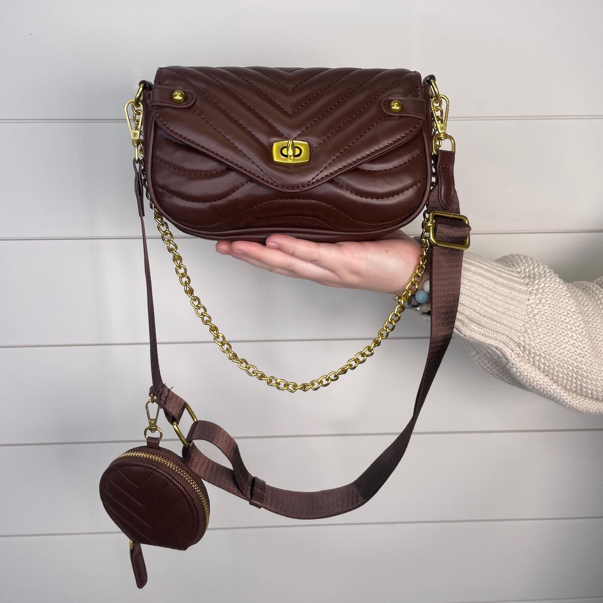 Lexi Quilted Chain Crossbody Belt Purse- Brown - Gray Bird