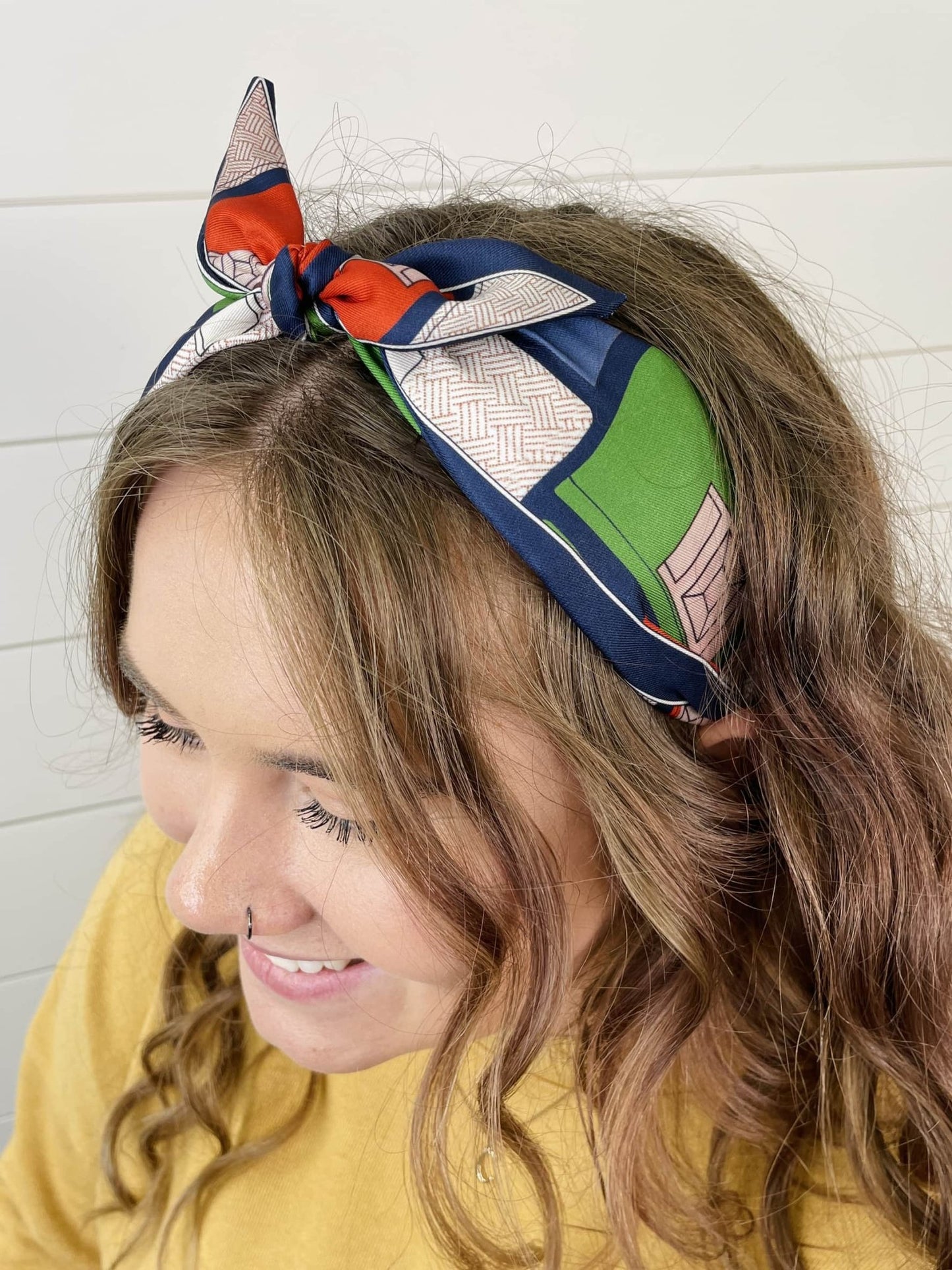 Navy Geometric Boho Satin Scarf Bow Knot Headband - Gray Bird