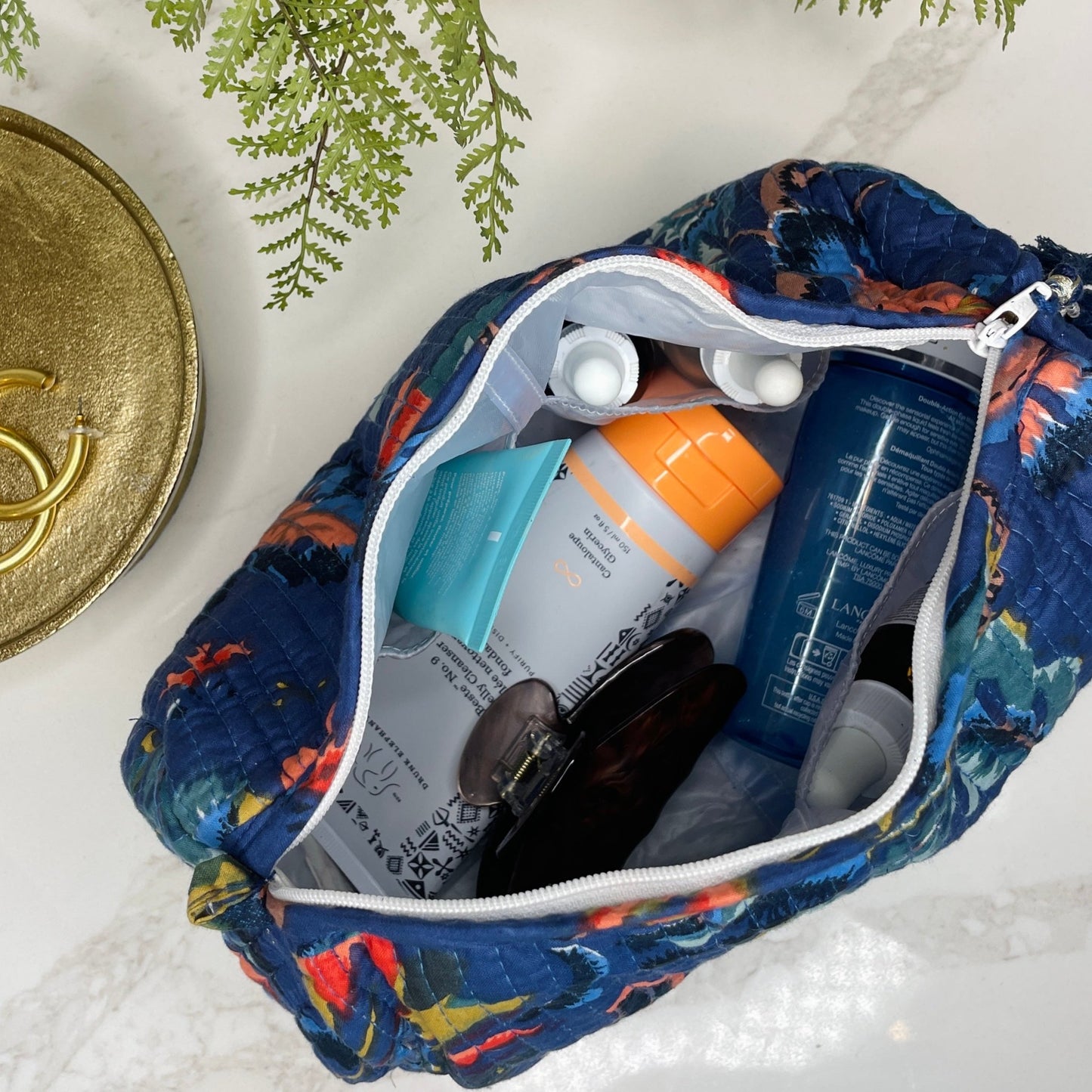 Navy Leaf Indian Block Printed Zip Top Toiletry Bag - Gray Bird