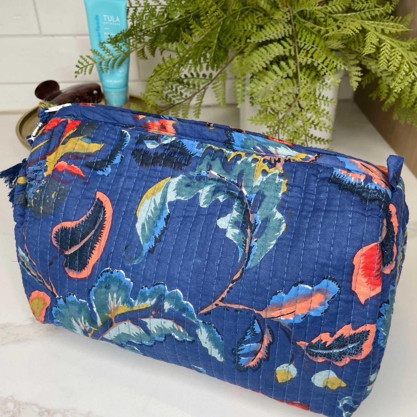 Navy Leaf Indian Block Printed Zip Top Toiletry Bag - Gray Bird