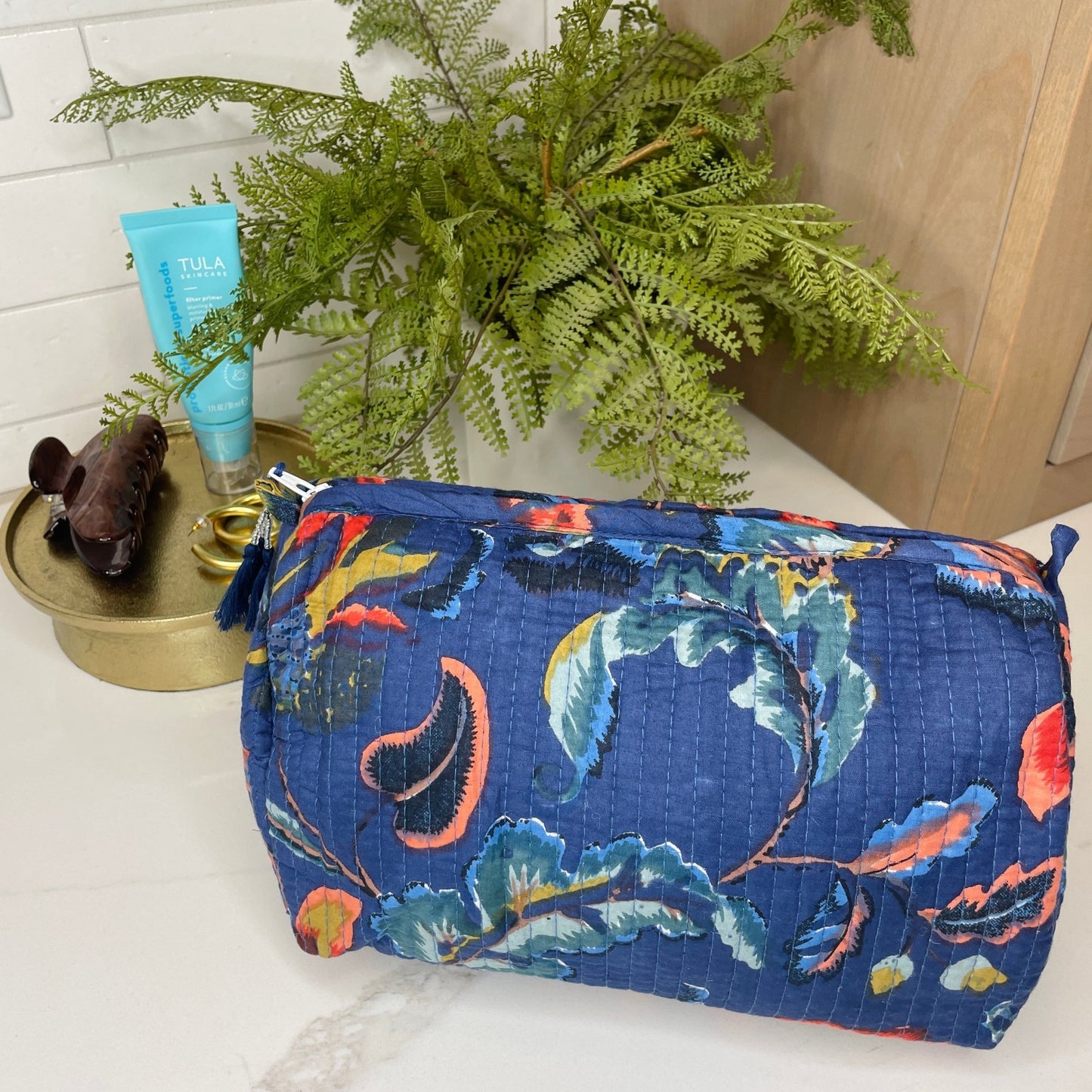 Navy Leaf Indian Block Printed Zip Top Toiletry Bag - Gray Bird