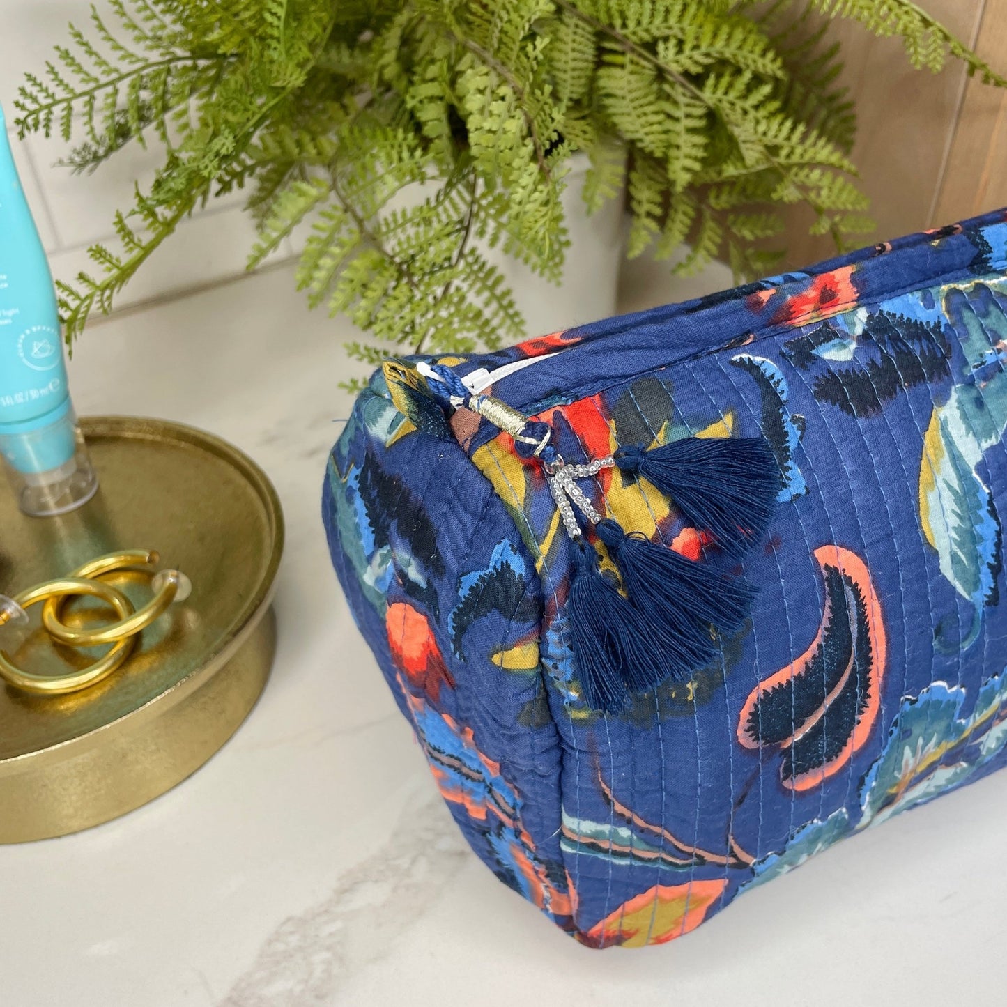 Navy Leaf Indian Block Printed Zip Top Toiletry Bag - Gray Bird