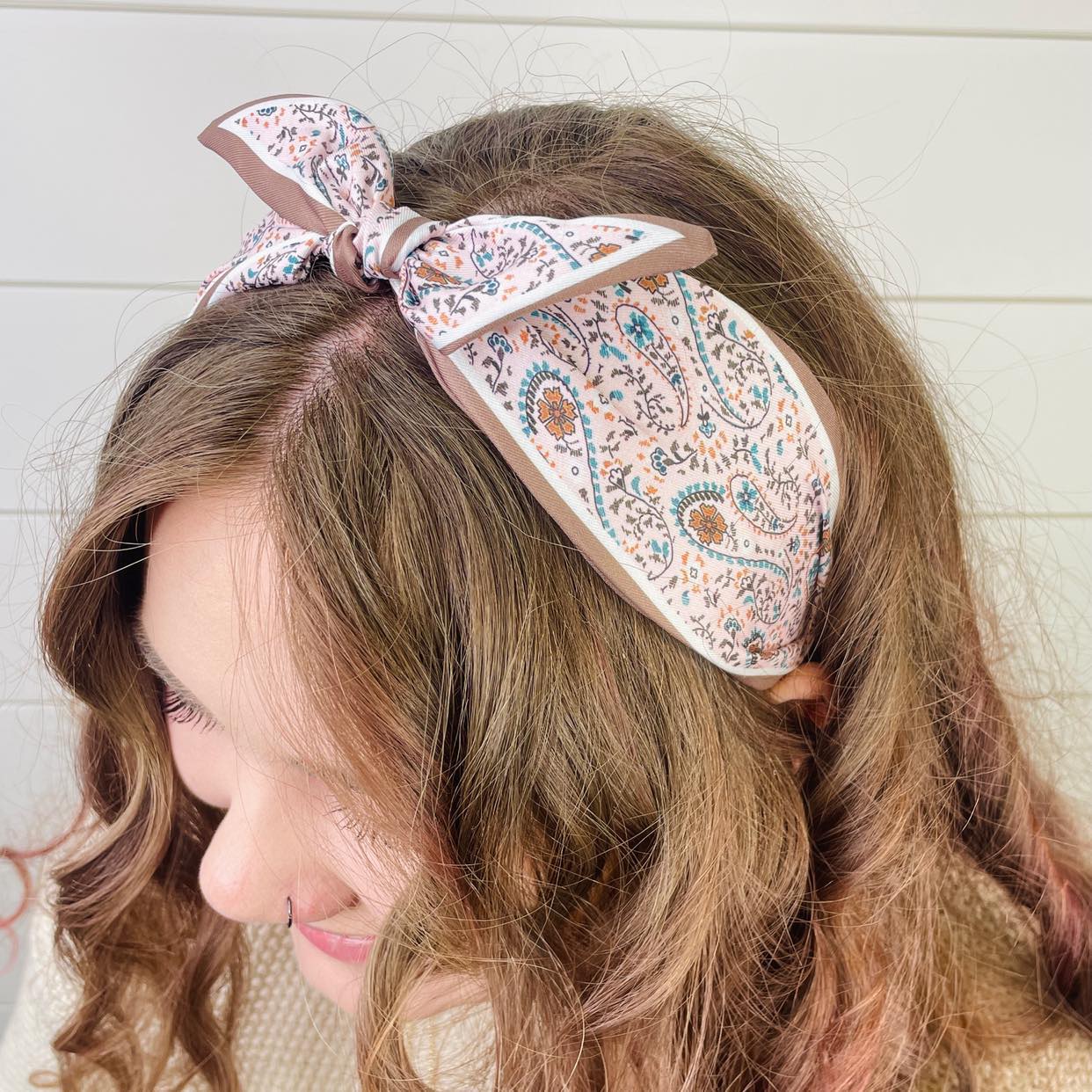 Pink Paisley Boho Satin Scarf Bow Knot Headband - Gray Bird