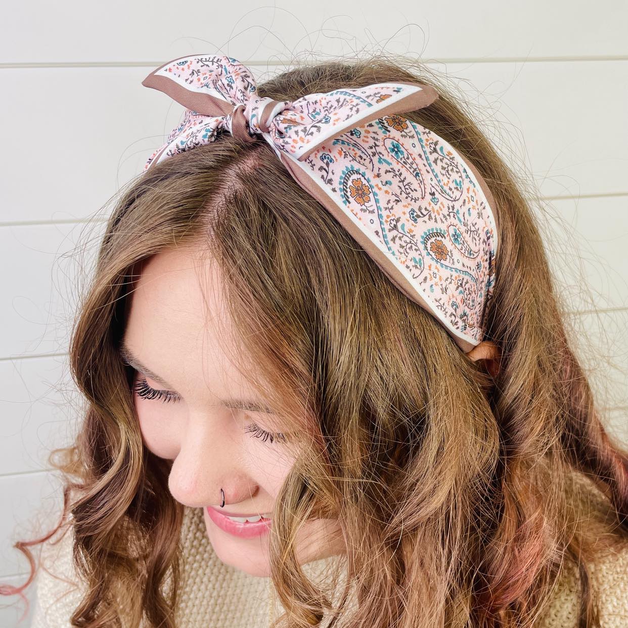 Pink Paisley Boho Satin Scarf Bow Knot Headband - Gray Bird