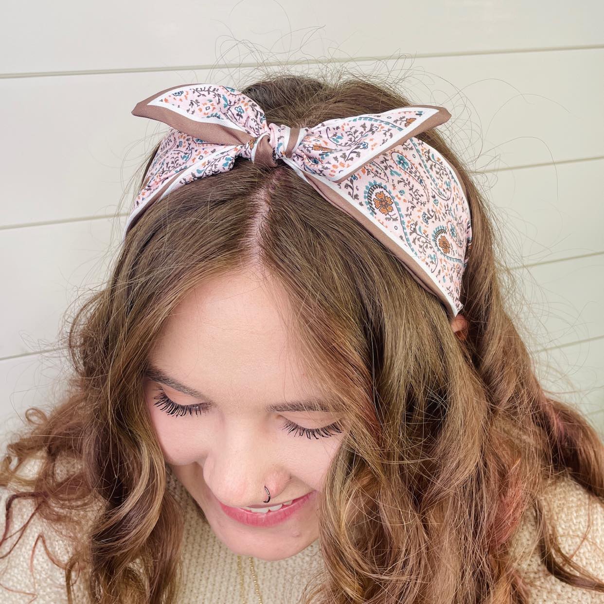 Pink Paisley Boho Satin Scarf Bow Knot Headband - Gray Bird