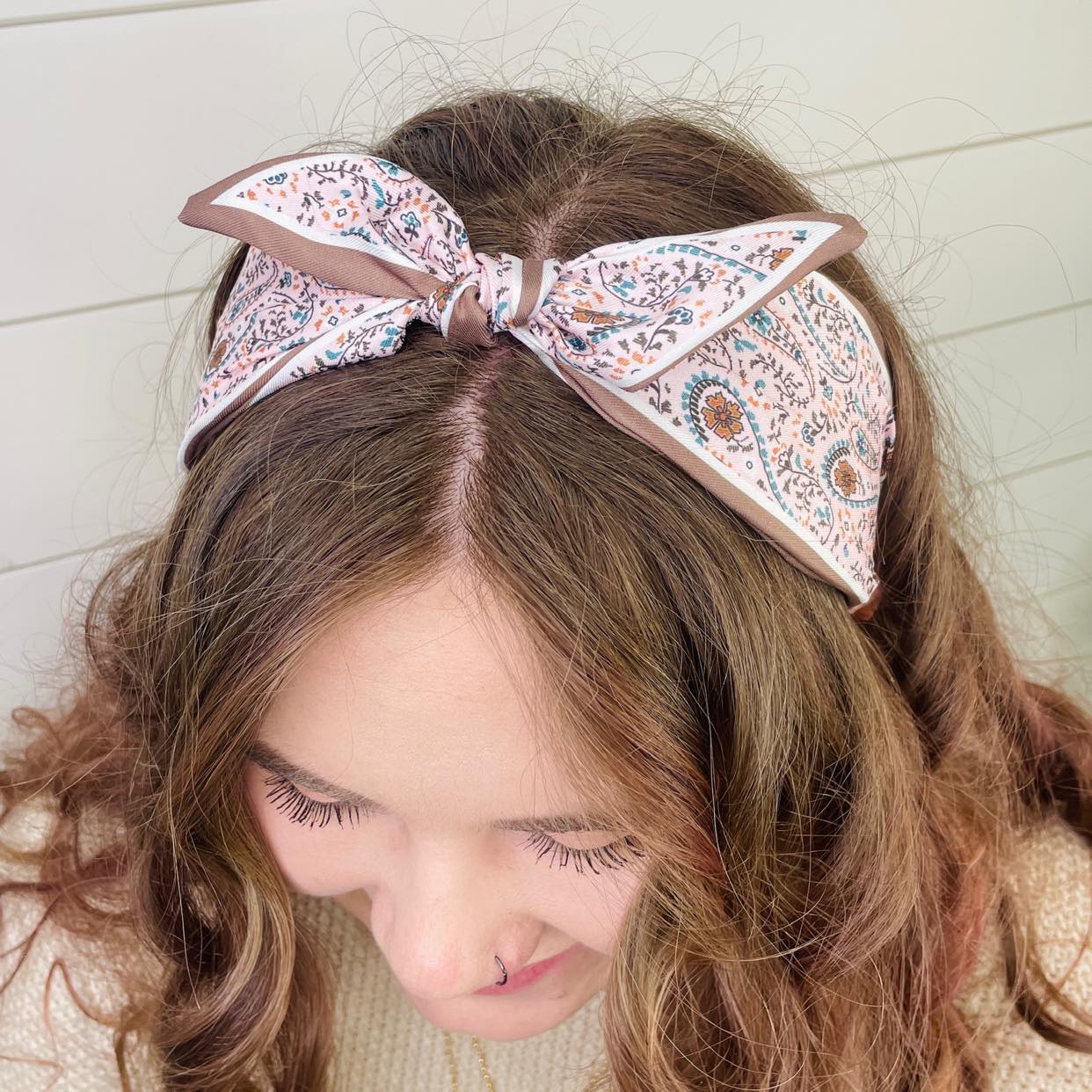 Pink Paisley Boho Satin Scarf Bow Knot Headband - Gray Bird