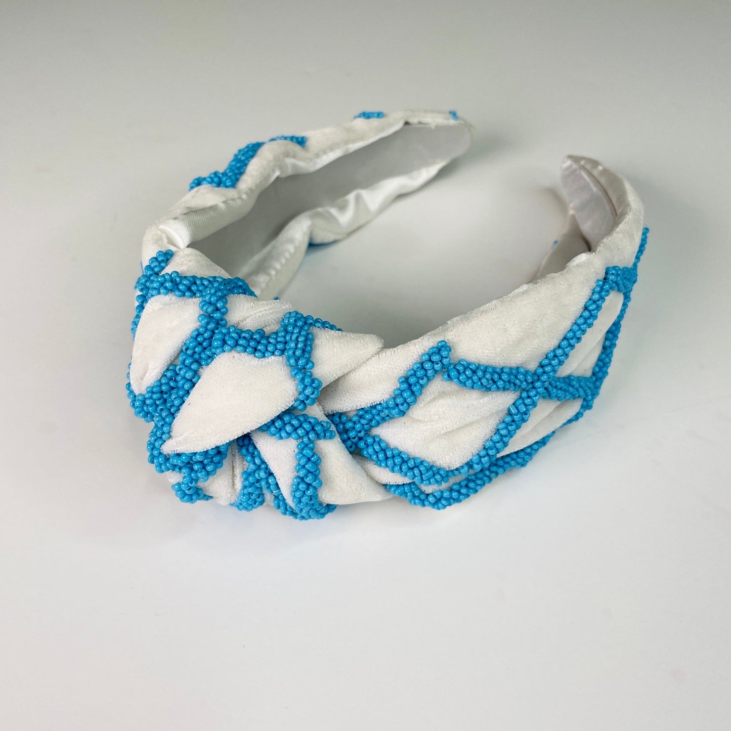 Preppy Blue & White Hand Seed Beaded Lattice Luxury Knot Headband - Gray Bird