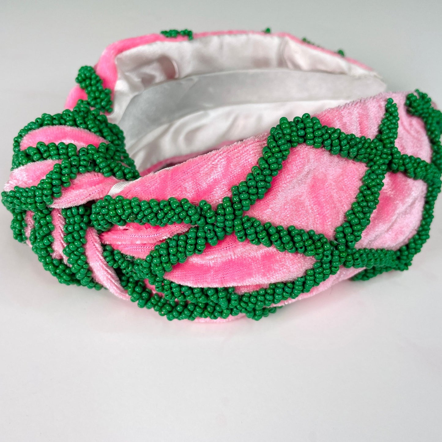 Preppy Pink & Kelly Green Hand Seed Beaded Lattice Luxury Knot Headband - Gray Bird
