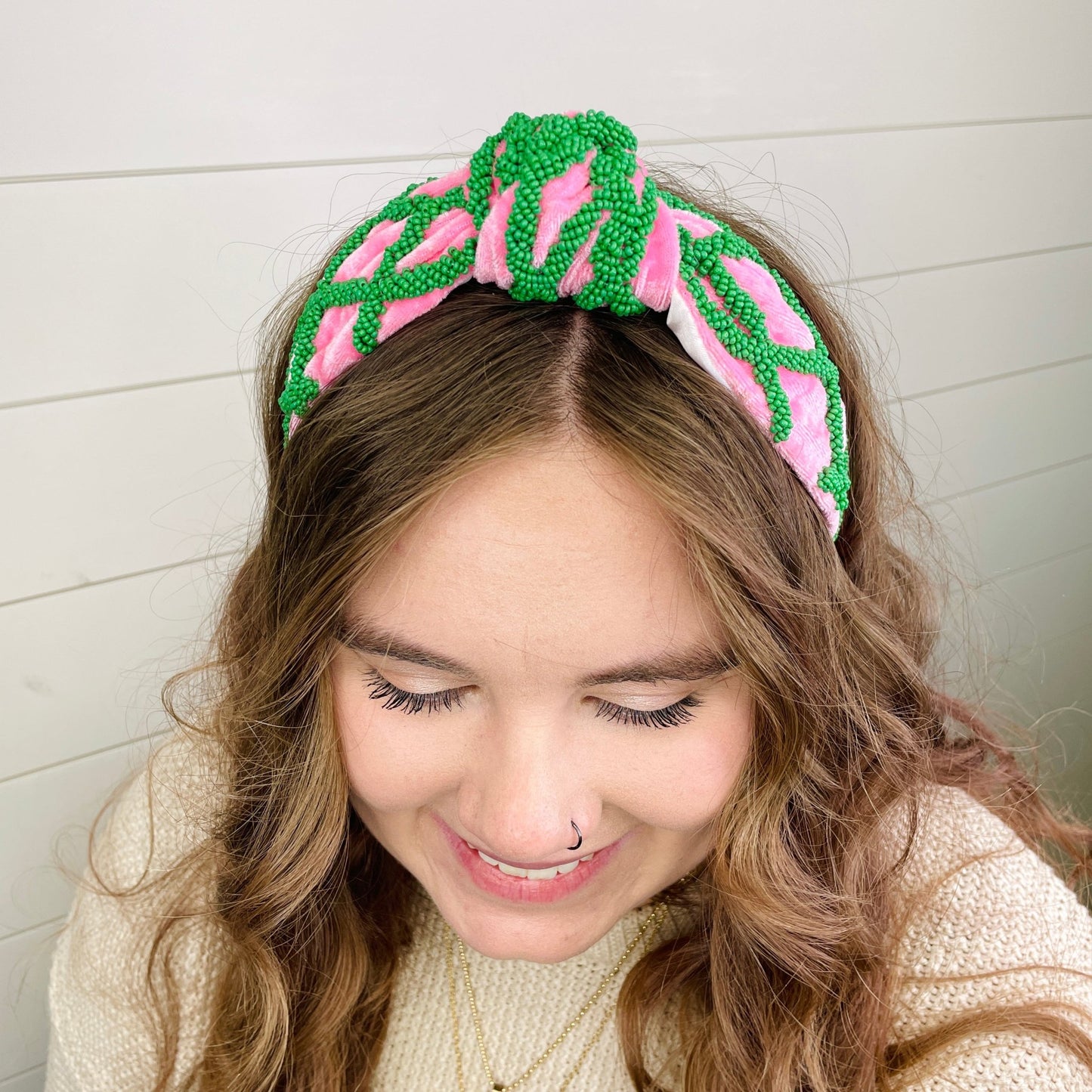 Preppy Pink & Kelly Green Hand Seed Beaded Lattice Luxury Knot Headband - Gray Bird