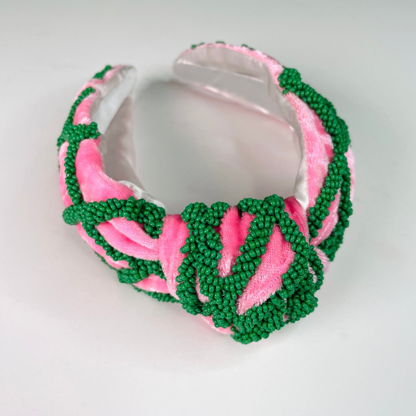 Preppy Pink & Kelly Green Hand Seed Beaded Lattice Luxury Knot Headband - Gray Bird