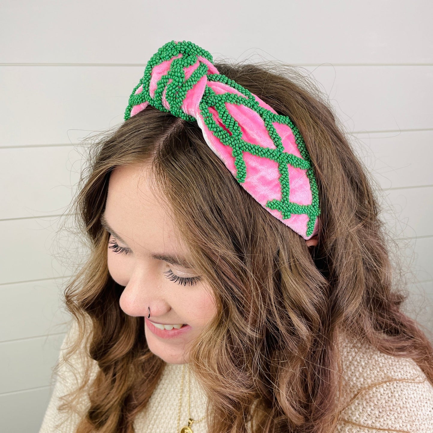 Preppy Pink & Kelly Green Hand Seed Beaded Lattice Luxury Knot Headband - Gray Bird