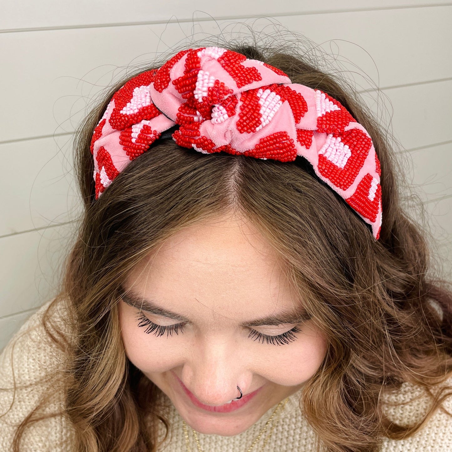 Preppy Pink & Red Leopard Hand Beaded Seed Bead Luxury Knot Headband - Gray Bird