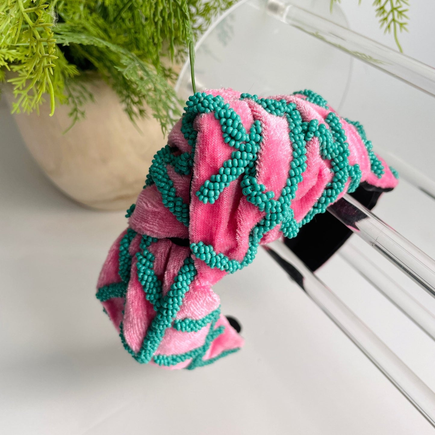 Preppy Pink & Seafoam Green Hand Seed Beaded Lattice Luxury Knot Headband - Gray Bird Label
