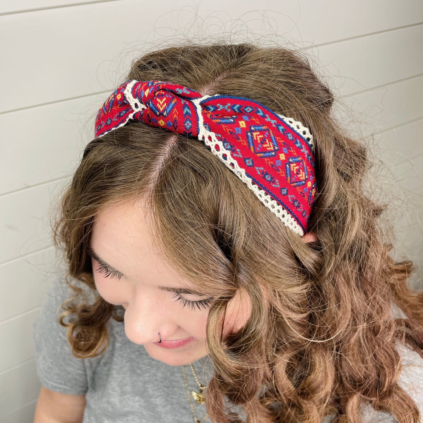 Red Aztec Lace Knot Headband - Gray Bird