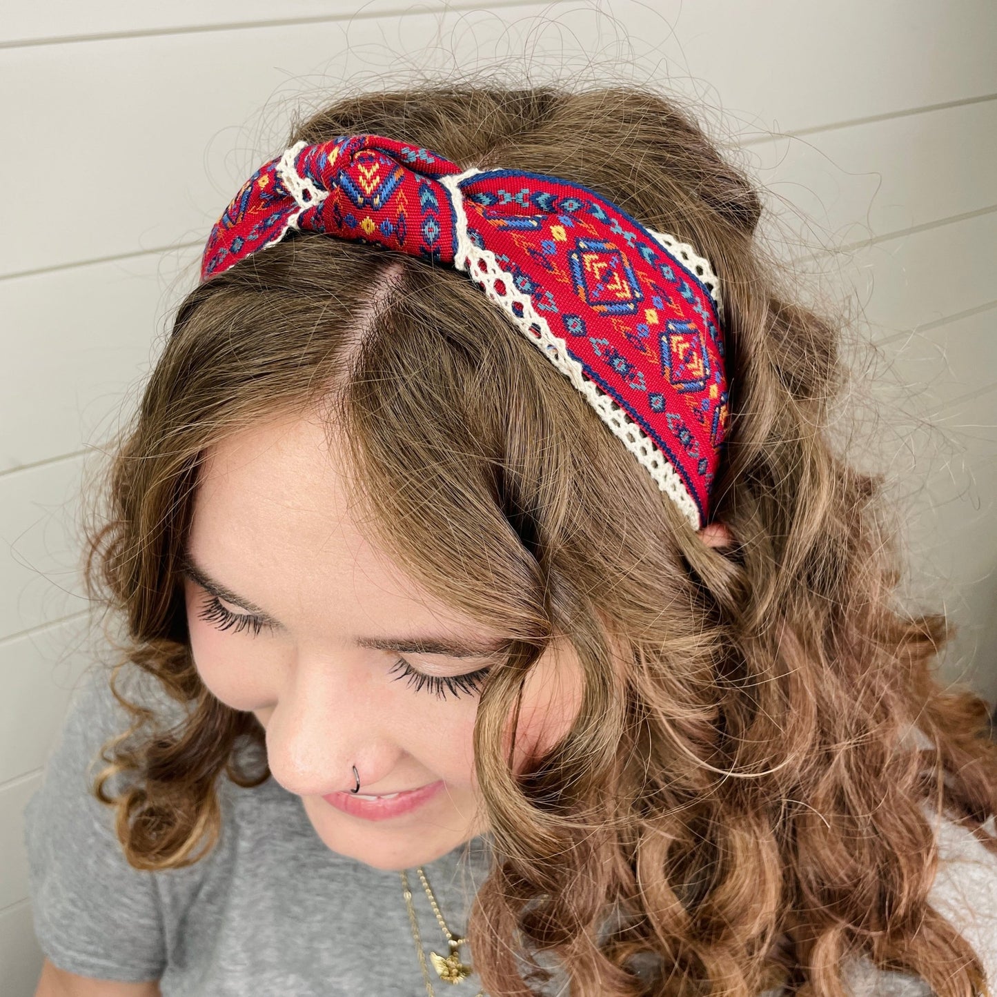 Red Aztec Lace Knot Headband - Gray Bird