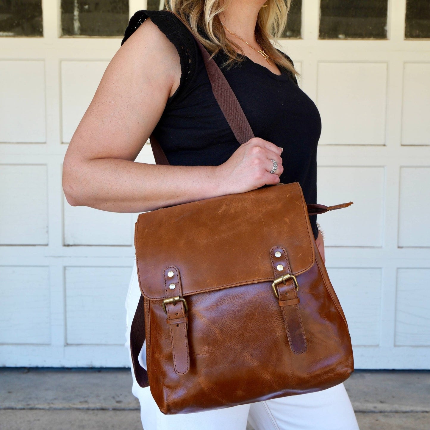 Ronnie Double Buckle Genuine Leather Backpack - Gray Bird
