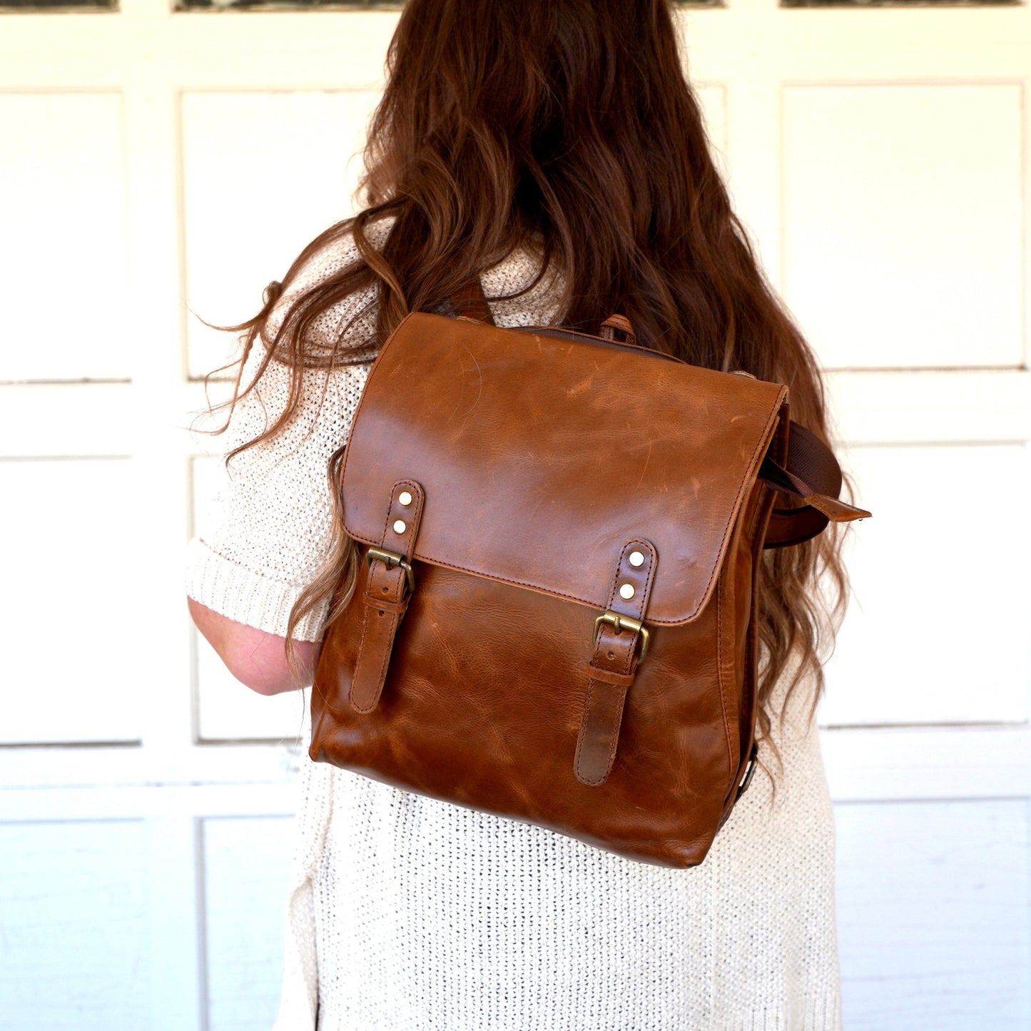 Ronnie Double Buckle Genuine Leather Backpack - Gray Bird