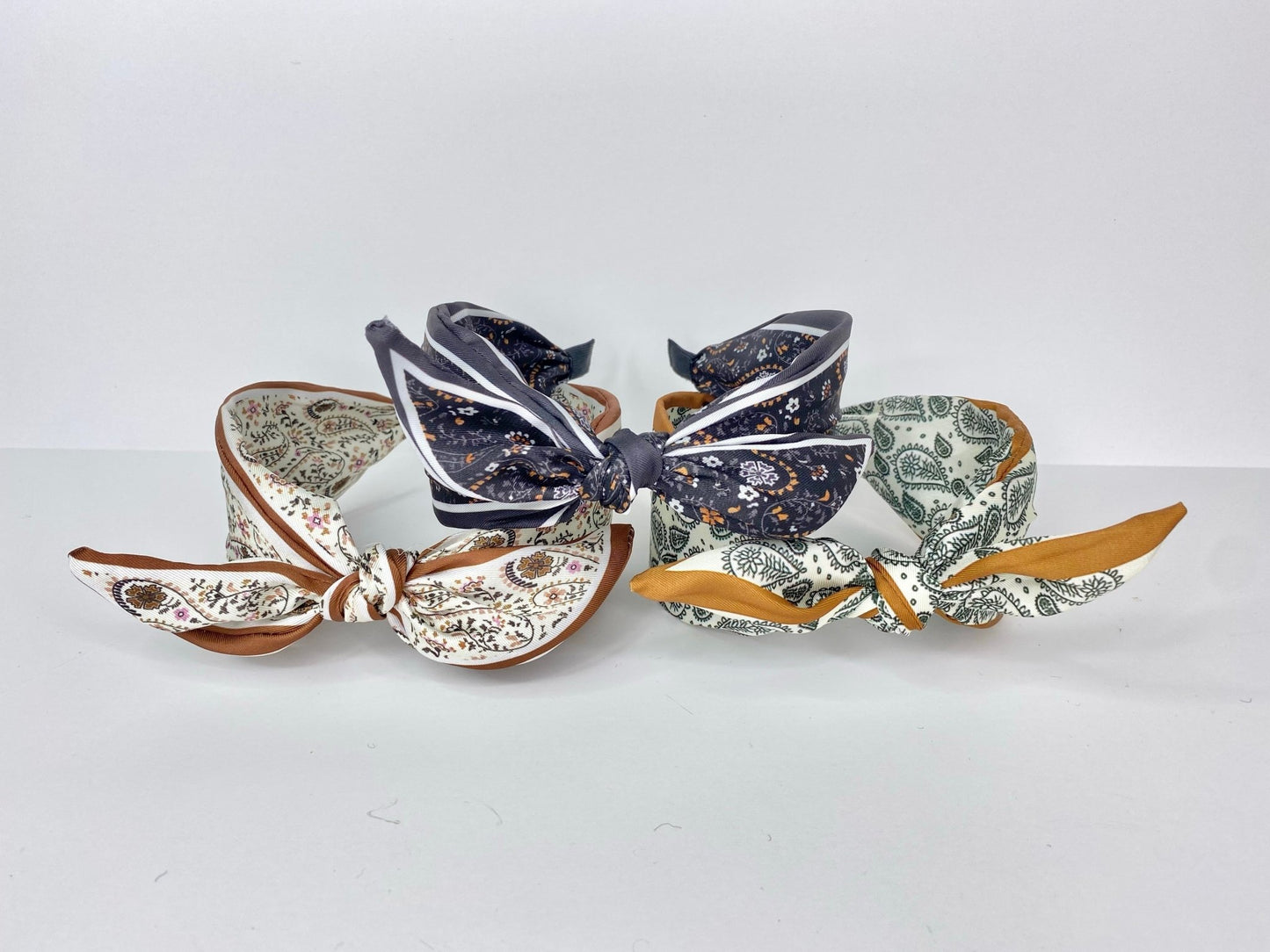 Tan Paisley Boho Satin Scarf Bow Knot Headband - Gray Bird