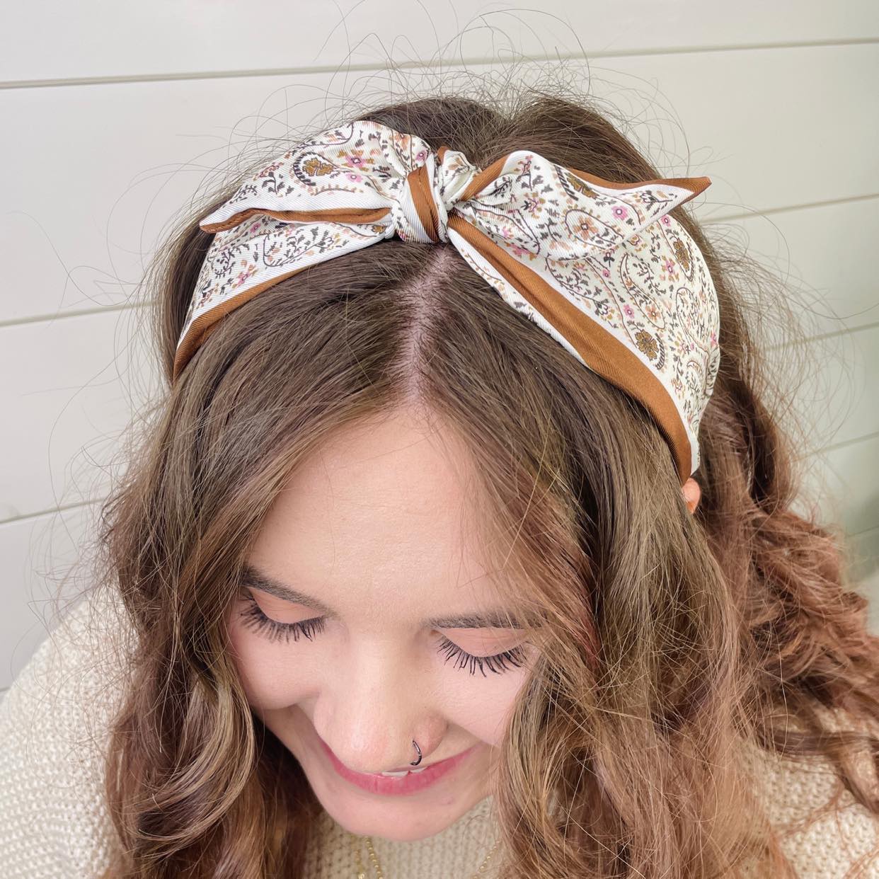 Tan Paisley Boho Satin Scarf Bow Knot Headband - Gray Bird
