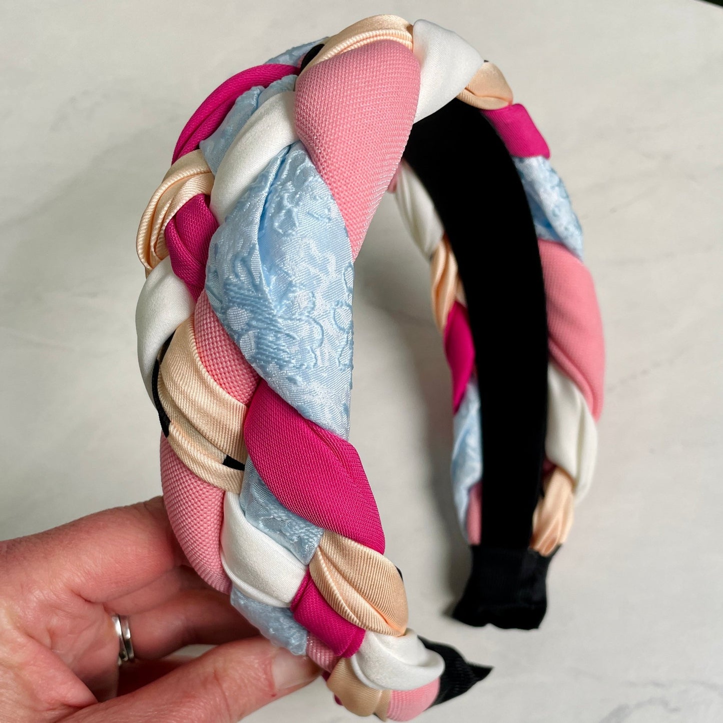 Unique Braided Fabric Headband- Pink - Gray Bird